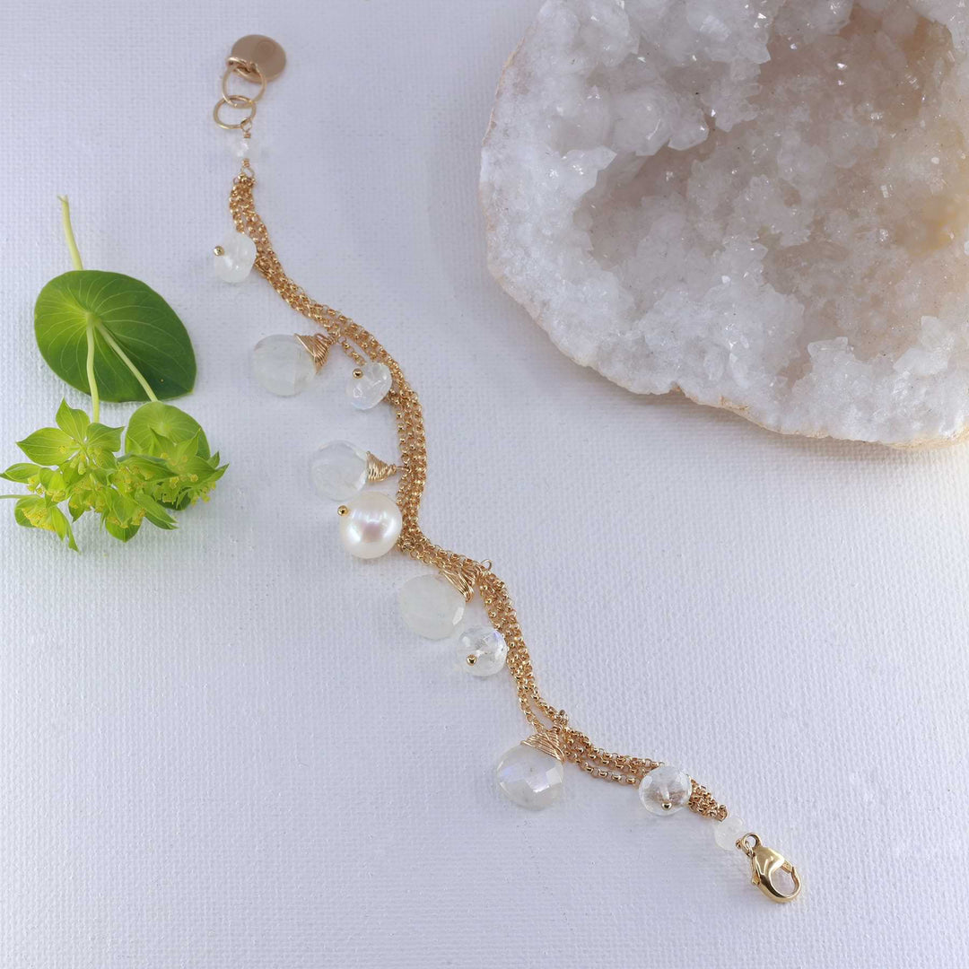 Zurich - Moonstone &amp; Pearl Gold Charm Bracelet alt image | Breathe Autumn Rain Artisan Jewelry